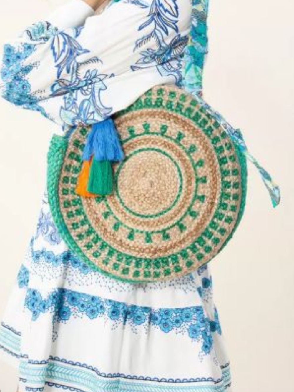 Hale Bob Round Jute Boho Green Blue Tote w/ Charm Tassel VIRAL